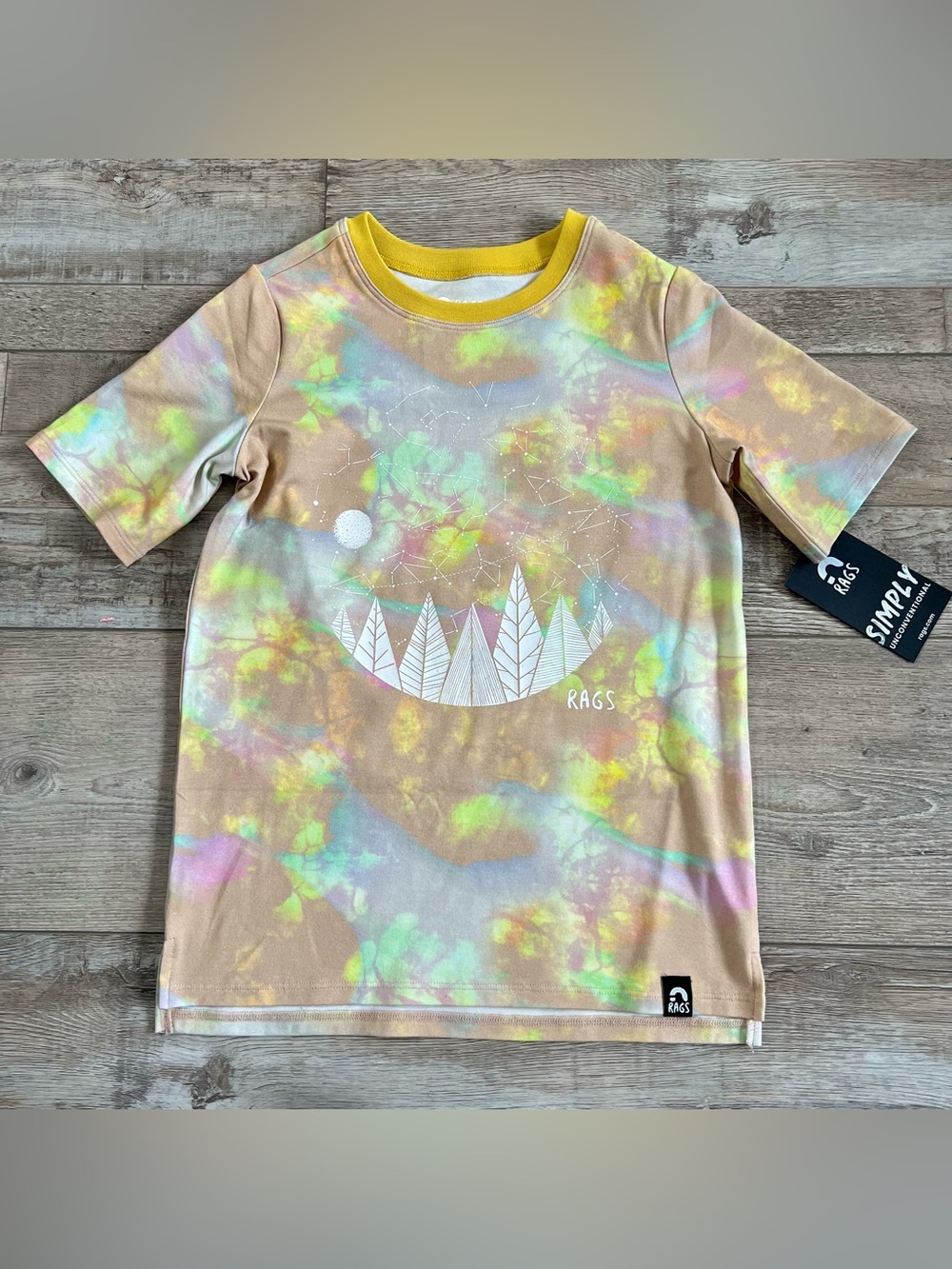 NWT Rags Retro Sleeve Kids Tee in Modern Tie Dye ‘Starry Night’ Size 5/6